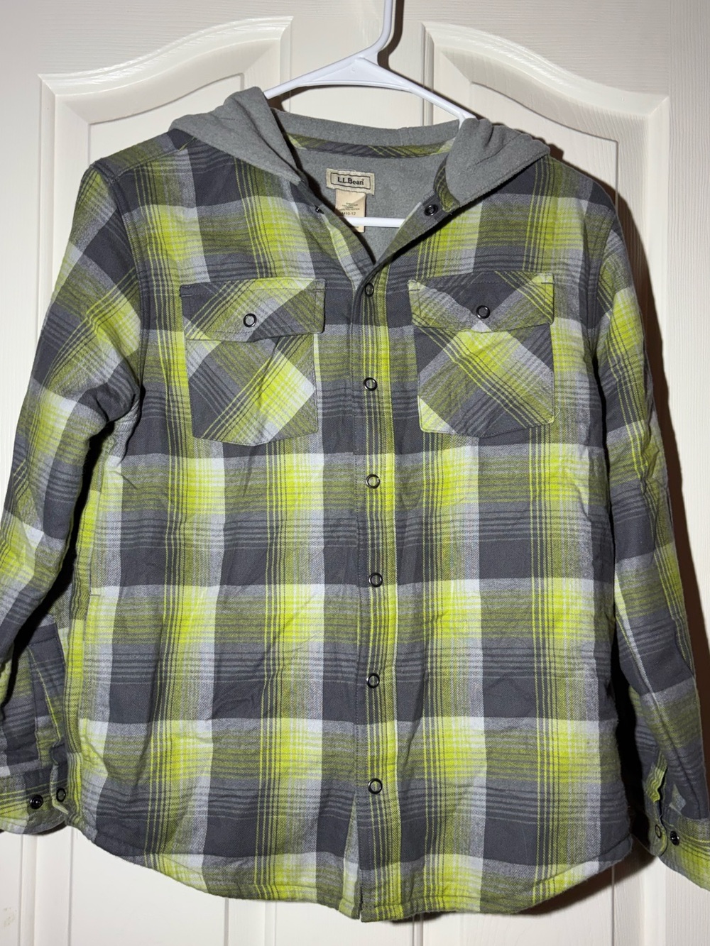 L.L. Bean Kids Plaid Button-Down Shirt Jacket - Gray & Lime